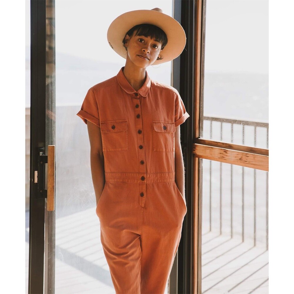 Outerknown SEA Jumpsuit Women’s Dusty Coral Utility Button Front Short Sleeve